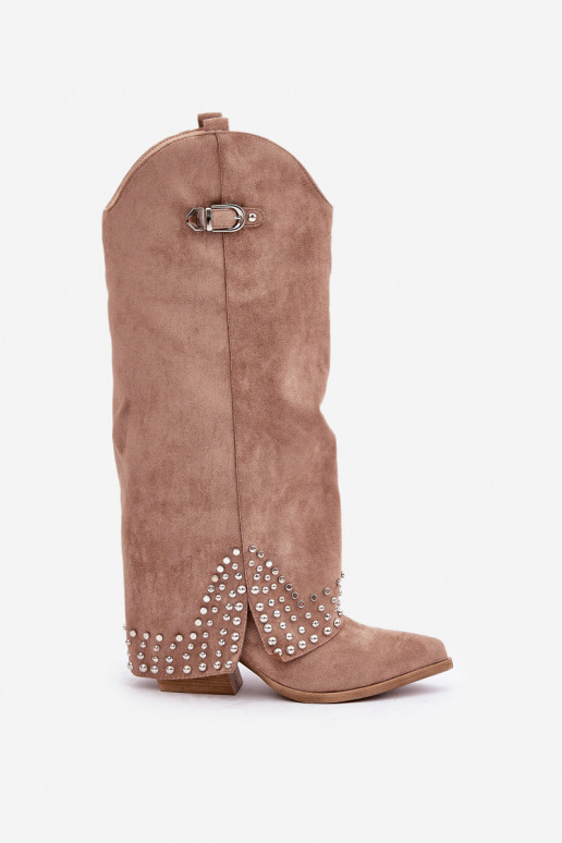 Knee-high Boots With Rolled Shaft On Heel Dark Beige Iveliri Knee-high Boots With Rolled Shaft On Heel Dark Beige Iveliri