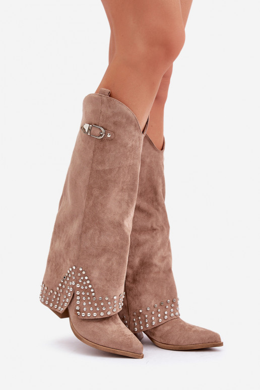 Knee-high Boots With Rolled Shaft On Heel Dark Beige Iveliri Knee-high Boots With Rolled Shaft On Heel Dark Beige Iveliri