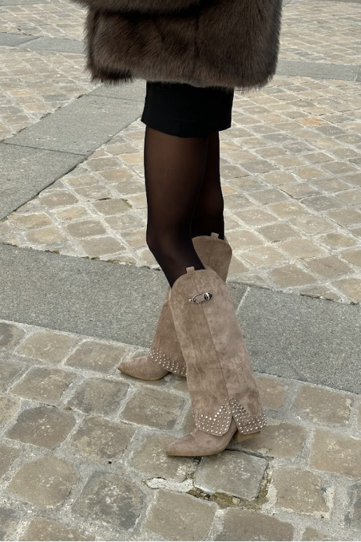 Knee-high Boots With Rolled Shaft On Heel Dark Beige Iveliri Knee-high Boots With Rolled Shaft On Heel Dark Beige Iveliri