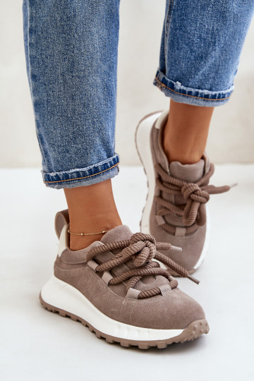 Women'S Suede Sneakers With Thick Laces Beige Artiker