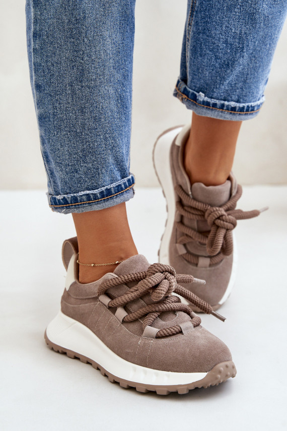 Women'S Suede Sneakers With Thick Laces Beige Artiker