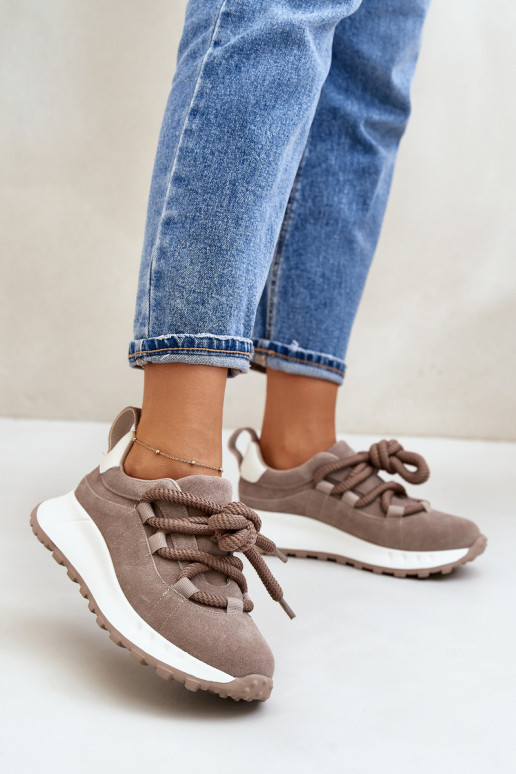 Women'S Suede Sneakers With Thick Laces Beige Artiker