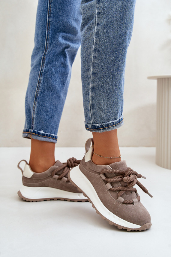 Women'S Suede Sneakers With Thick Laces Beige Artiker