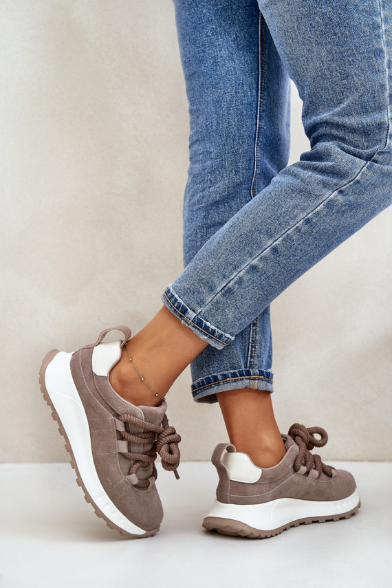 Women'S Suede Sneakers With Thick Laces Beige Artiker