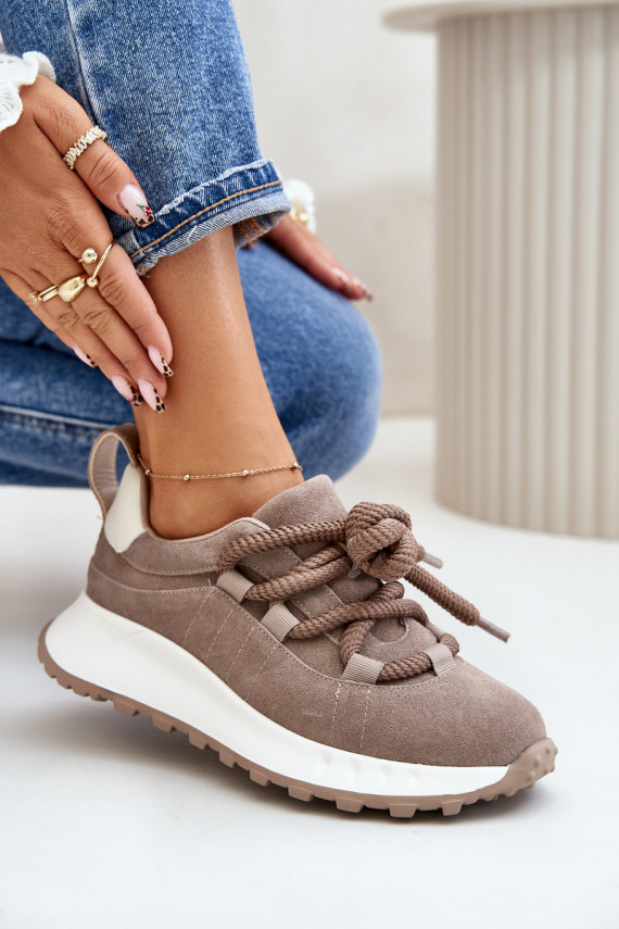 Women'S Suede Sneakers With Thick Laces Beige Artiker