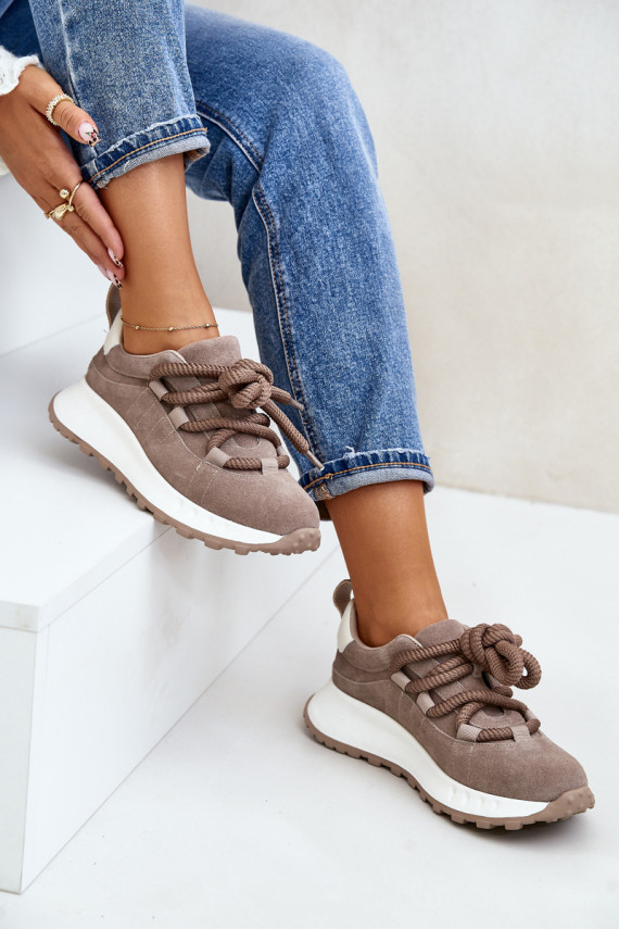 Women'S Suede Sneakers With Thick Laces Beige Artiker