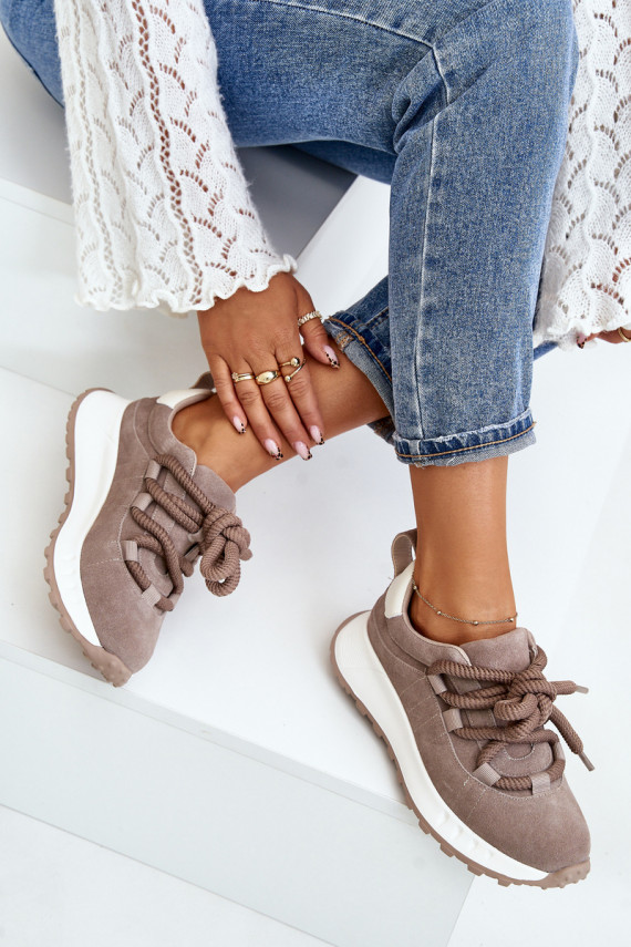 Women'S Suede Sneakers With Thick Laces Beige Artiker