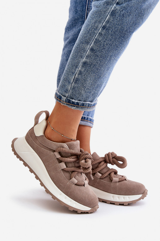 Women'S Suede Sneakers With Thick Laces Beige Artiker
