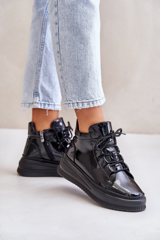 With varnish effect sports shoes with platform natural leather Artiker black color