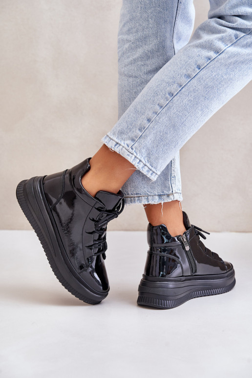 With varnish effect sports shoes with platform natural leather Artiker black color