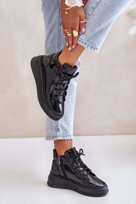 With varnish effect sports shoes with platform natural leather Artiker black color