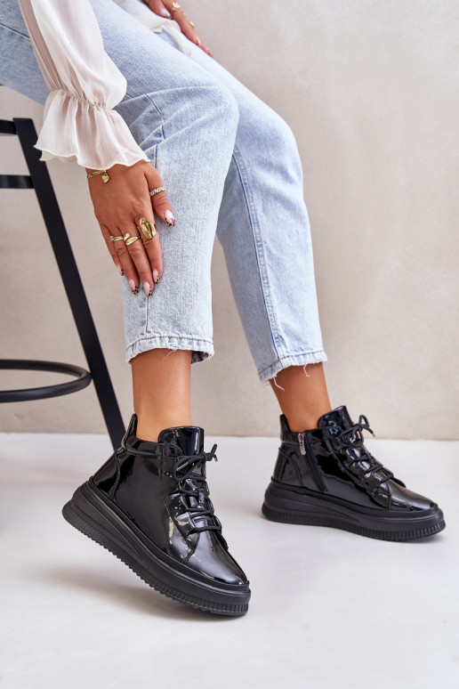 With varnish effect sports shoes with platform natural leather Artiker black color