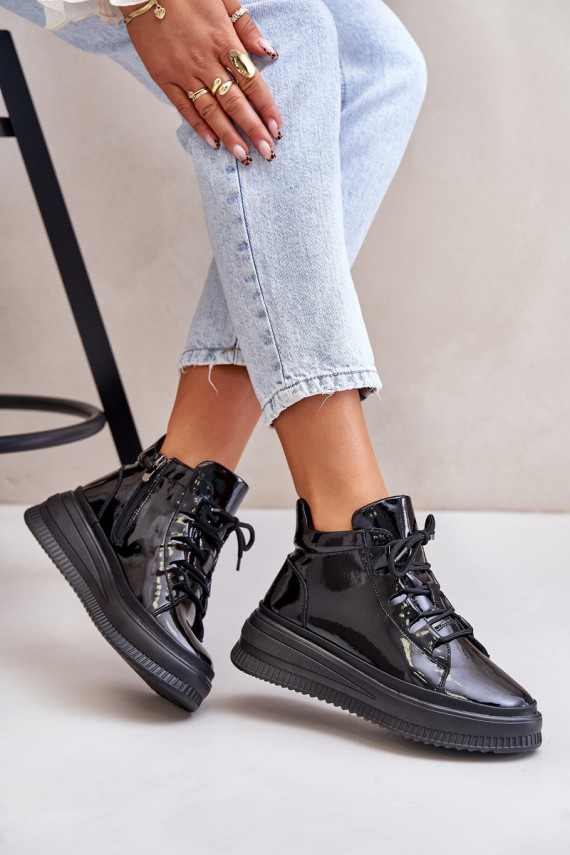 With varnish effect sports shoes with platform natural leather Artiker black color