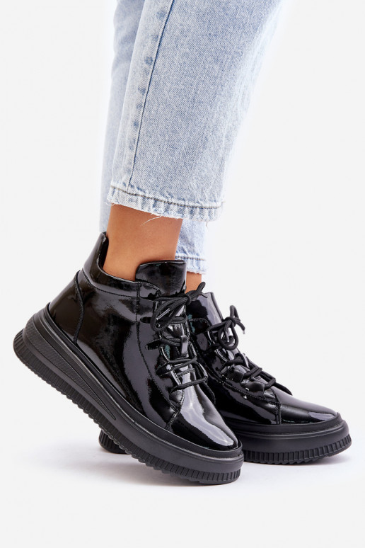 With varnish effect sports shoes with platform natural leather Artiker black color