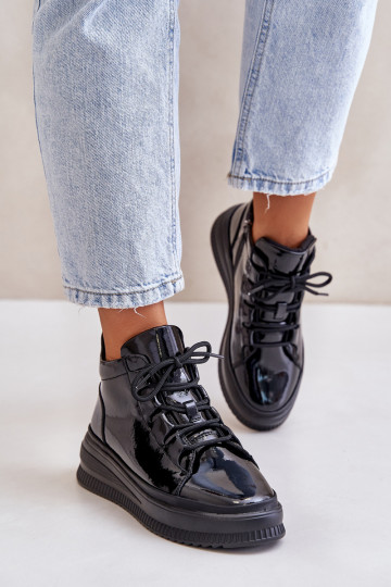 With varnish effect sports shoes with platform natural leather Artiker black color