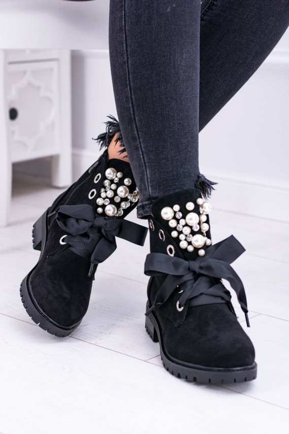 Suede Lined Ankle Boots With Pearls And Ribbon Black Perla