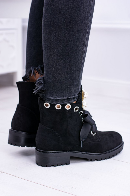 Suede Lined Ankle Boots With Pearls And Ribbon Black Perla