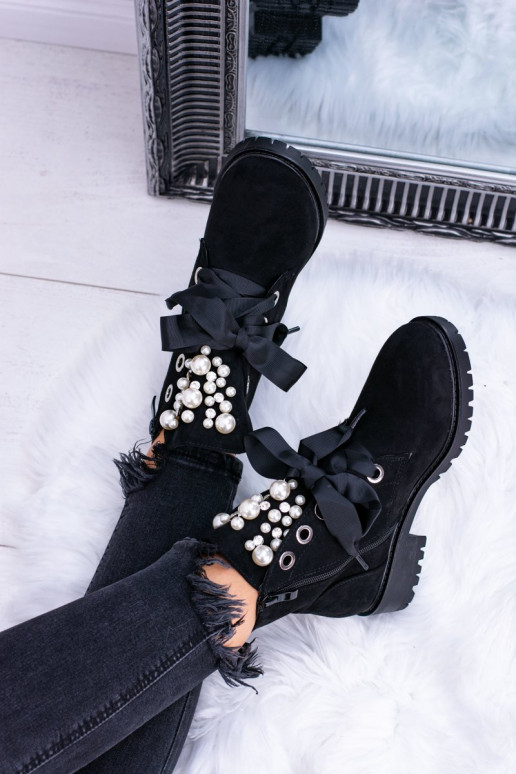 Suede Lined Ankle Boots With Pearls And Ribbon Black Perla