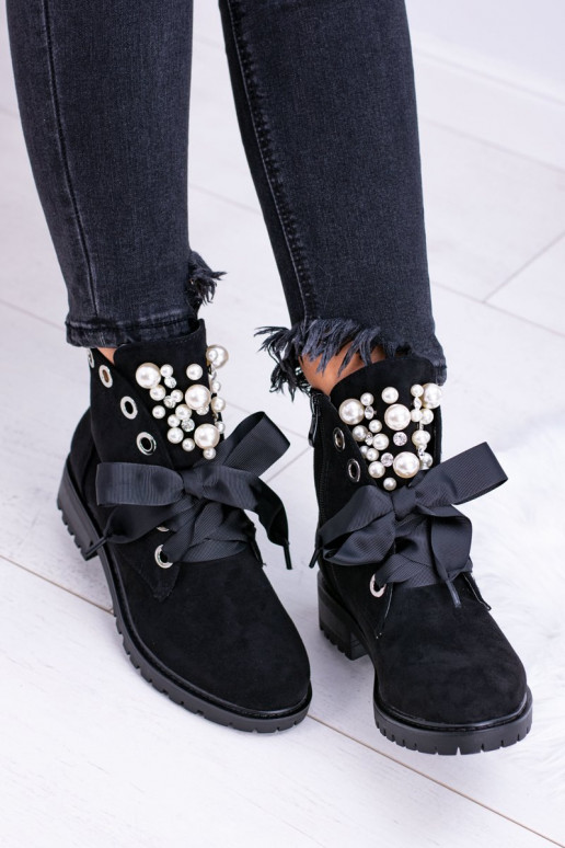 Suede Lined Ankle Boots With Pearls And Ribbon Black Perla