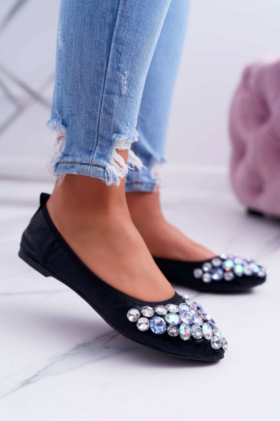 Leather Ballerinas with Stones Black Crystal