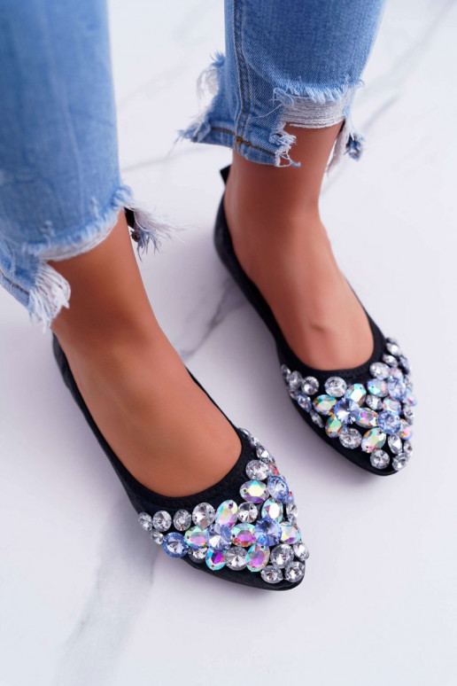 Leather Ballerinas with Stones Black Crystal