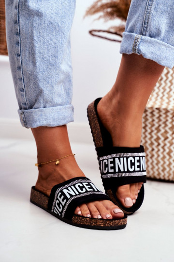 Slippers On Cork Sole With Cubic Zirconia Black Be Nice 2