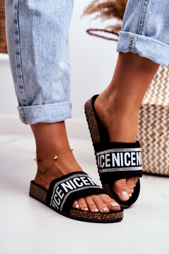 Slippers On Cork Sole With Cubic Zirconia Black Be Nice