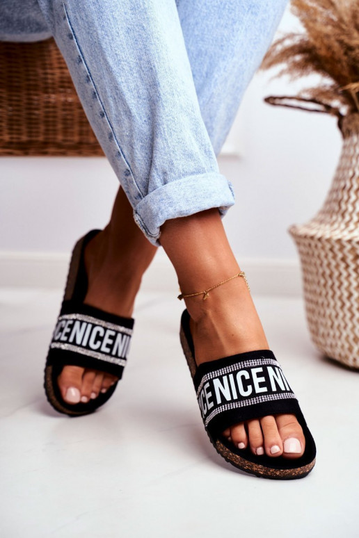 Slippers On Cork Sole With Cubic Zirconia Black Be Nice