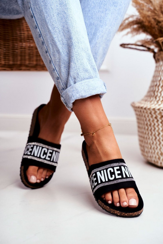 Slippers On Cork Sole With Cubic Zirconia Black Be Nice