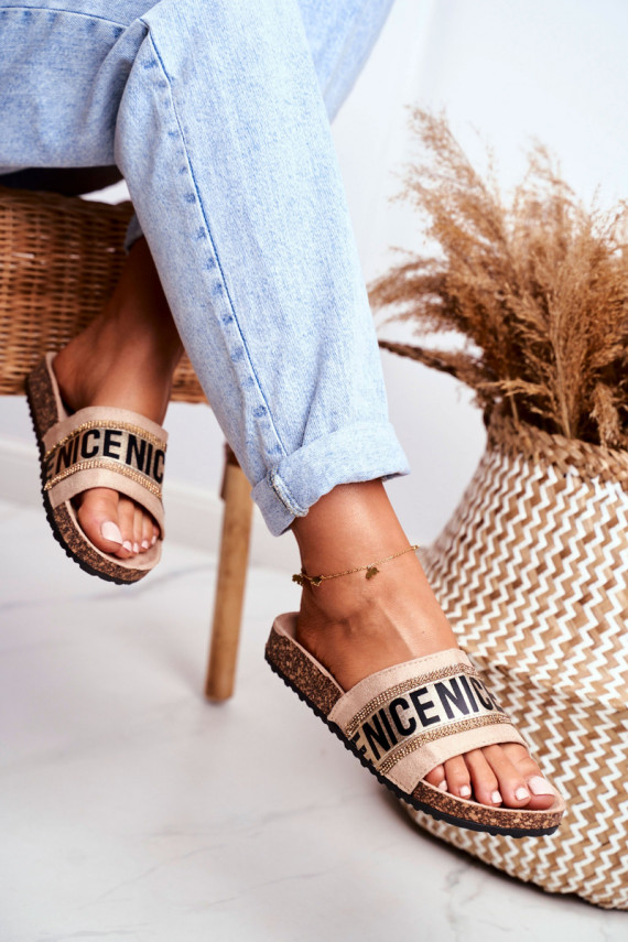 Slippers On Cork Sole With Cubic Zirconia Beige Be Nice