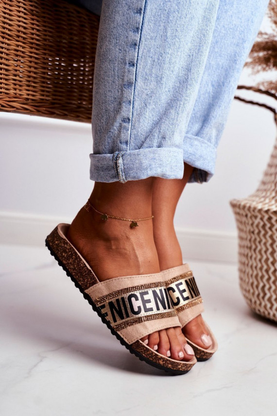 Slippers On Cork Sole With Cubic Zirconia Beige Be Nice