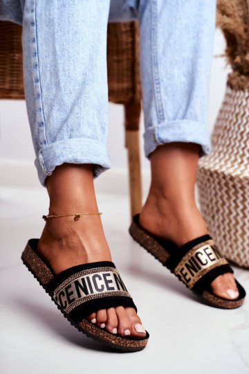 Slippers On Cork Sole With Cubic Zirconia Black-Gold Be Nice 2