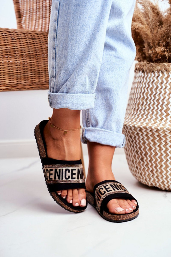 Slippers On Cork Sole With Cubic Zirconia Black-Gold Be Nice
