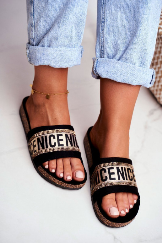 Slippers On Cork Sole With Cubic Zirconia Black-Gold Be Nice