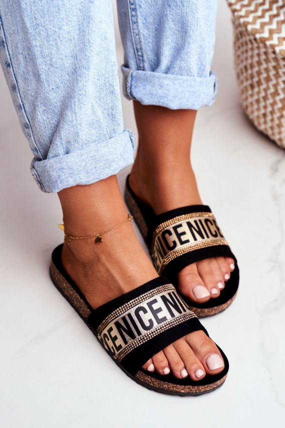 Slippers On Cork Sole With Cubic Zirconia Black-Gold Be Nice