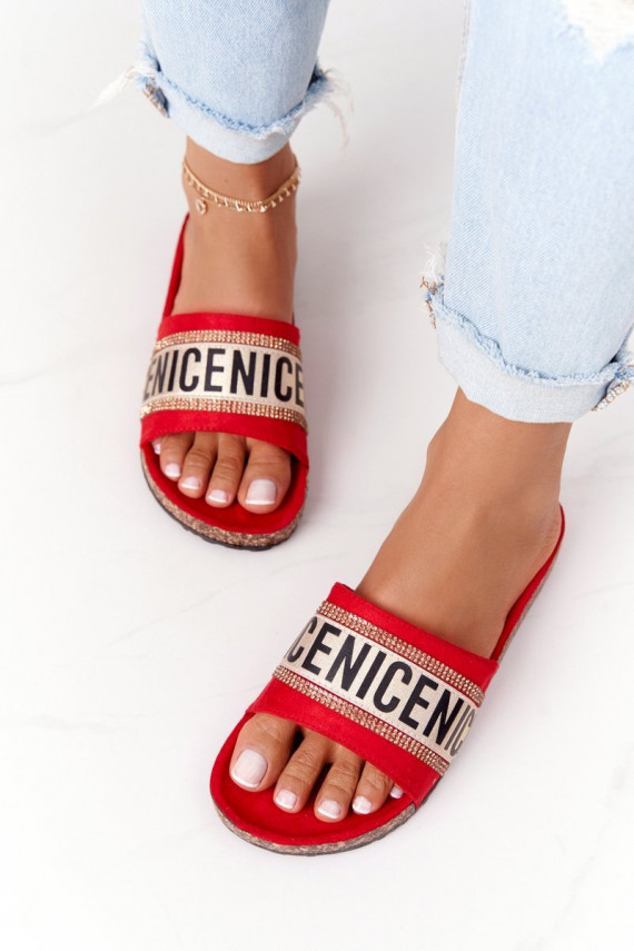 Slippers On Cork Sole With Cubic Zirconia Red Be Nice