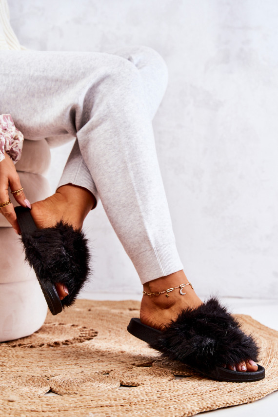 Slippers With Fur Rubber Black Pollie