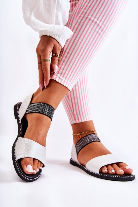 Classic Leather Sandals With Studs Silver Shelly