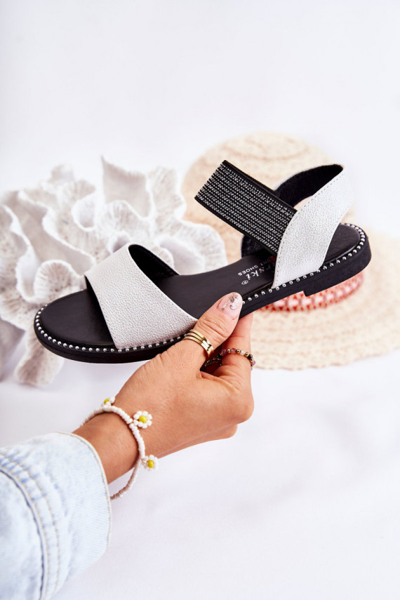 Classic Leather Sandals With Studs Silver Shelly