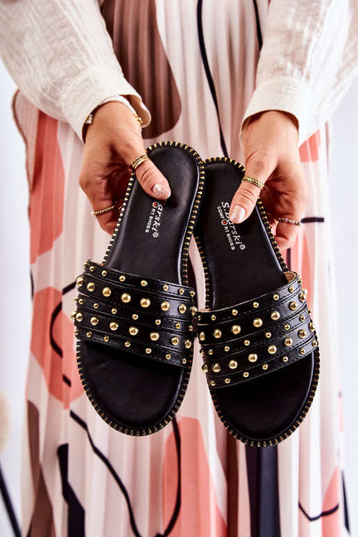 Women's Leather Slippers With Decoration Black Brien