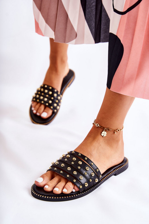 Women's Leather Slippers With Decoration Black Brien