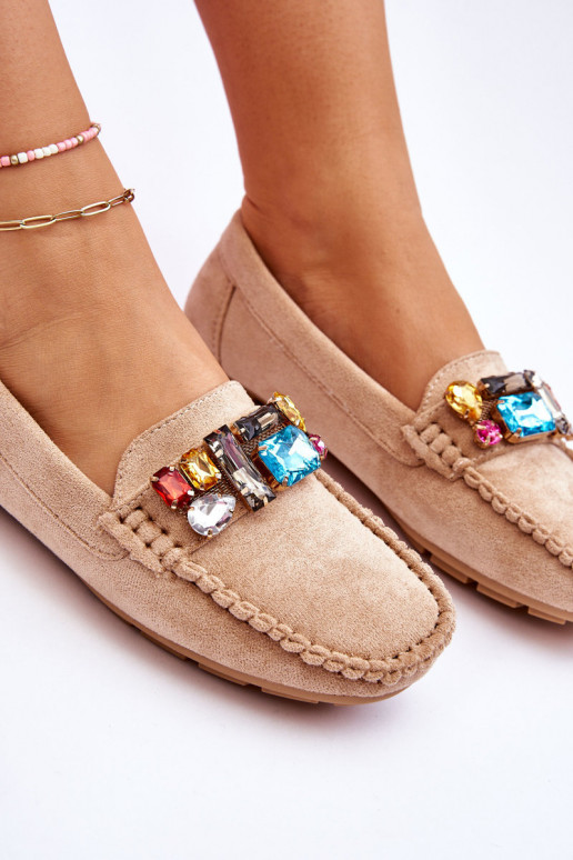 Women's Suede Loafers With Crystals Beige Lucille