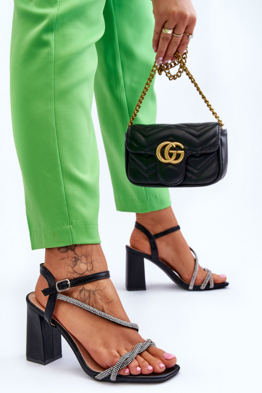 Leather Sandals With Rhinestones Heels Black Carlotta