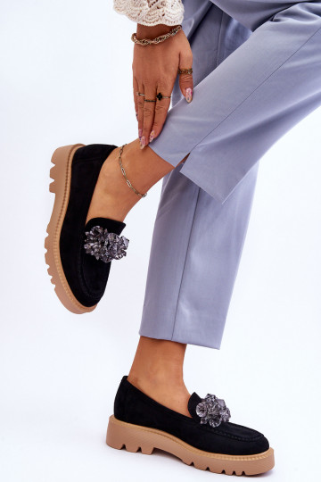 Fashionable suede moccasins with crystals Black Demeris 2