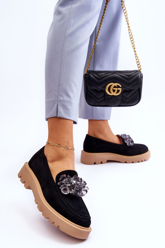 Fashionable suede moccasins with crystals Black Demeris