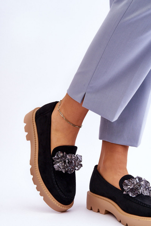 Fashionable suede moccasins with crystals Black Demeris