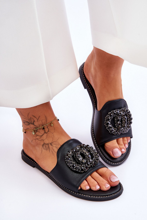 Women's Flat Slippers With Ornaments S.Barski KV-520-3 Black