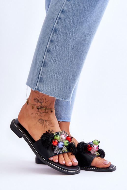 Slippers With Decorative Beads S.Barski KV-2775-47 Black