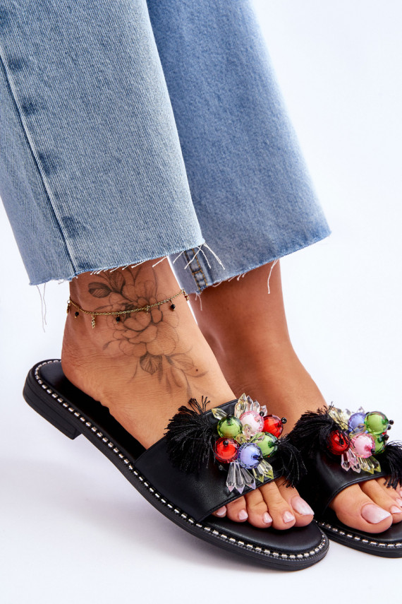 Slippers With Decorative Beads S.Barski KV-2775-47 Black