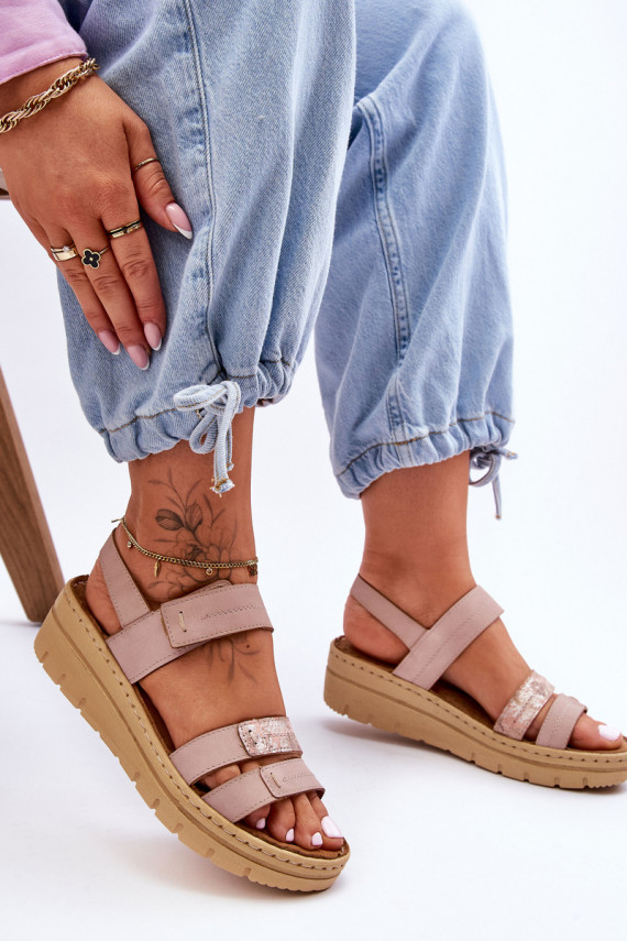 Women's Leather Sandals With Velcro Pink Fresh Look